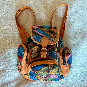 Colorful Tapestry Backpack with Tan Leather Trim
